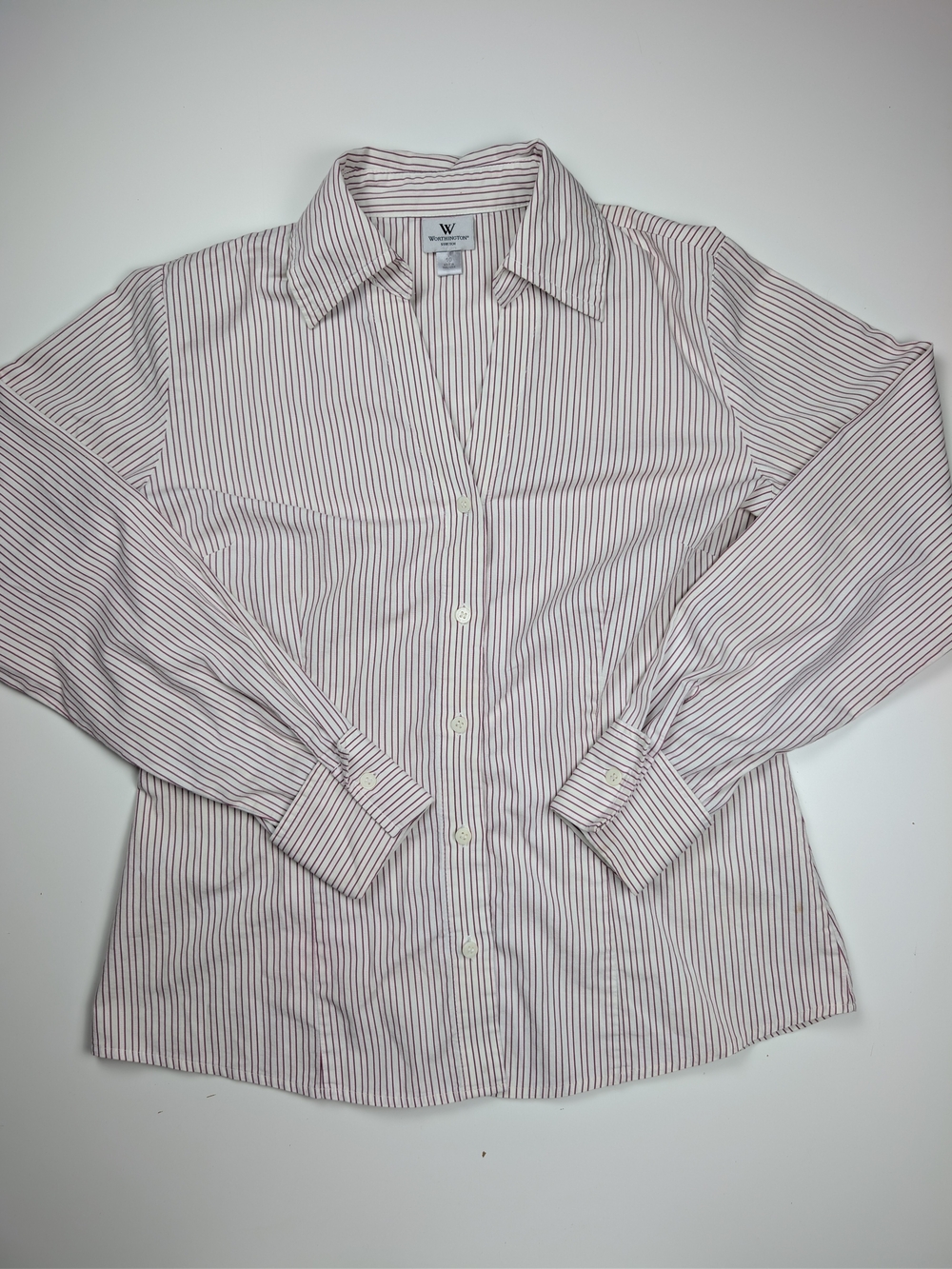 Worthington Stretch Striped Button Down Shirt Womens 10 Pink White Long Sleeve